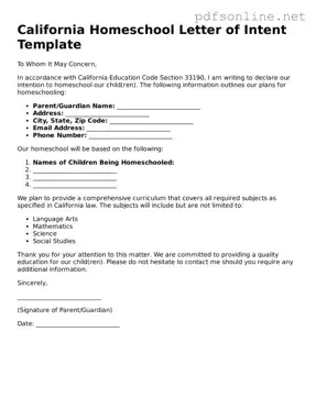 Legal Homeschool Letter of Intent Template for the State of California