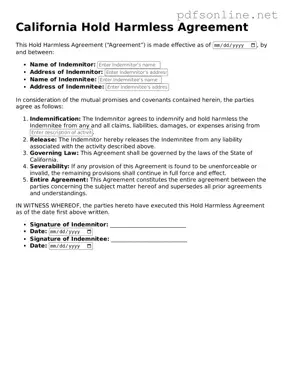 Legal Hold Harmless Agreement Template for the State of California