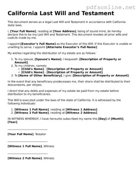 Legal Last Will and Testament Template for the State of California