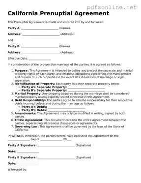 Legal Prenuptial Agreement Template for the State of California