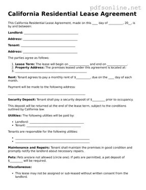 Legal Residential Lease Agreement Template for the State of California