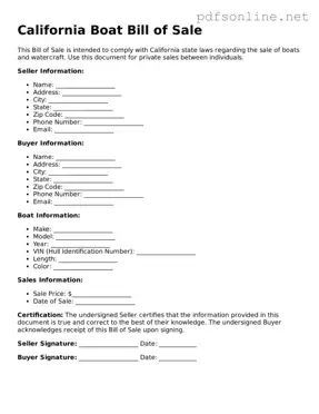 Legal Boat Bill of Sale Template for the State of California
