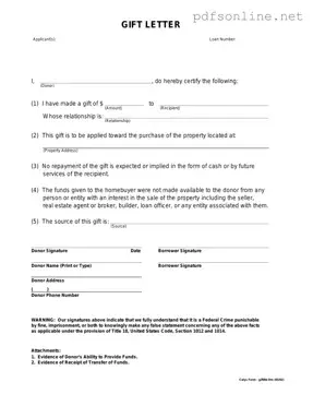 Free Gift Letter PDF Form
