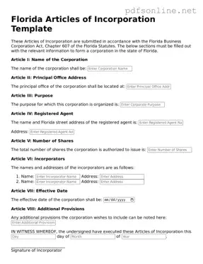 Legal Articles of Incorporation Template for the State of Florida