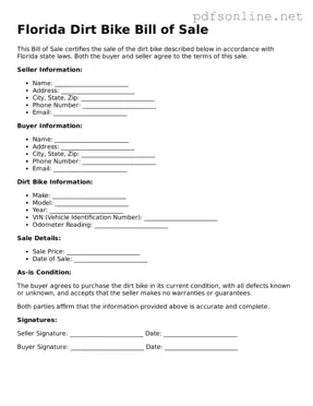 Legal Dirt Bike Bill of Sale Template for the State of Florida