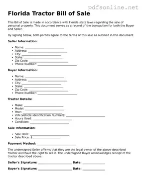 Legal Tractor Bill of Sale Template for the State of Florida
