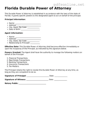 Legal Durable Power of Attorney Template for the State of Florida