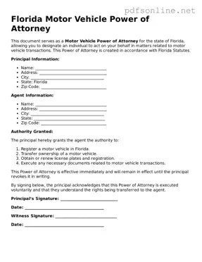 Legal Motor Vehicle Power of Attorney Template for the State of Florida