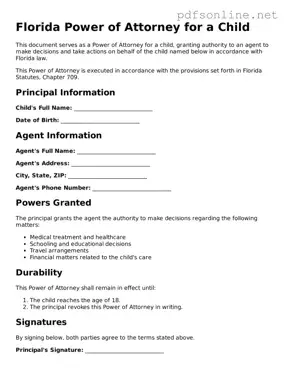 Legal Power of Attorney for a Child Template for the State of Florida