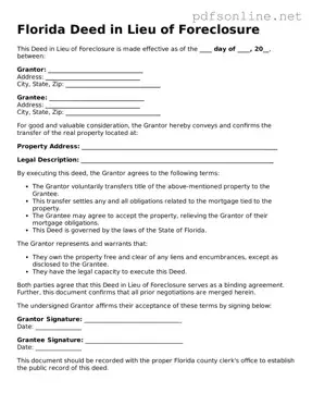 Legal Deed in Lieu of Foreclosure Template for the State of Florida