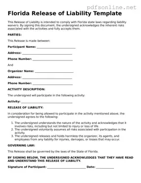 Legal Release of Liability Template for the State of Florida