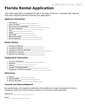 Legal Rental Application Template for the State of Florida