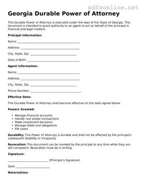 Legal Durable Power of Attorney Template for the State of Georgia
