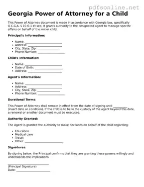 Legal Power of Attorney for a Child Template for the State of Georgia