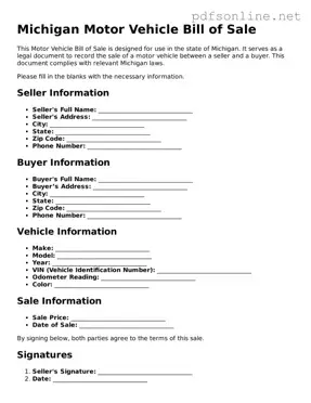 Legal Motor Vehicle Bill of Sale Template for the State of Michigan