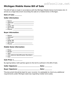 Legal Mobile Home Bill of Sale Template for the State of Michigan