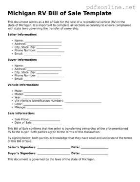 Legal RV Bill of Sale Template for the State of Michigan