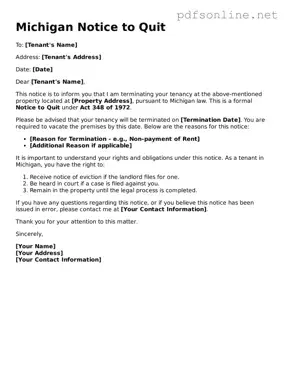 Legal Notice to Quit Template for the State of Michigan