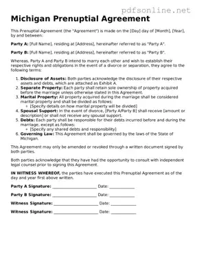 Legal Prenuptial Agreement Template for the State of Michigan