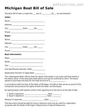 Legal Boat Bill of Sale Template for the State of Michigan