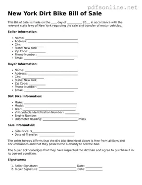 Legal Dirt Bike Bill of Sale Template for the State of New York