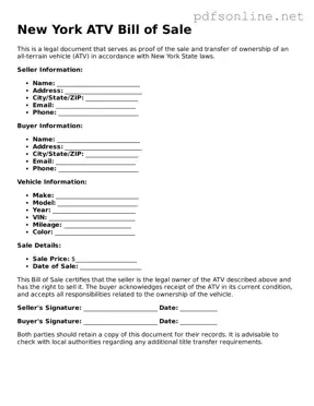 Legal ATV Bill of Sale Template for the State of New York