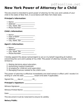 Legal Power of Attorney for a Child Template for the State of New York