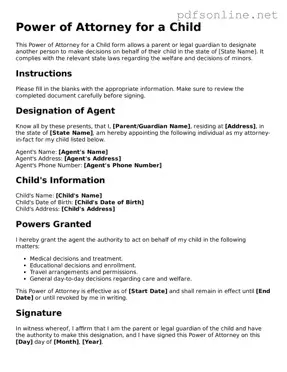 Attorney-Approved Power of Attorney for a Child Form
