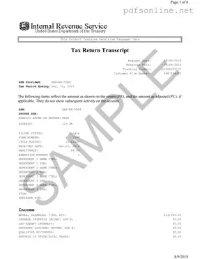 Free Sample Tax Return Transcript PDF Form