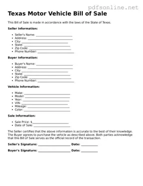 Legal Motor Vehicle Bill of Sale Template for the State of Texas