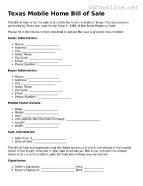 Legal Mobile Home Bill of Sale Template for the State of Texas