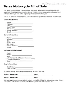 Legal Motorcycle Bill of Sale Template for the State of Texas