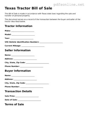Legal Tractor Bill of Sale Template for the State of Texas