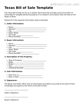 Legal Bill of Sale Template for the State of Texas