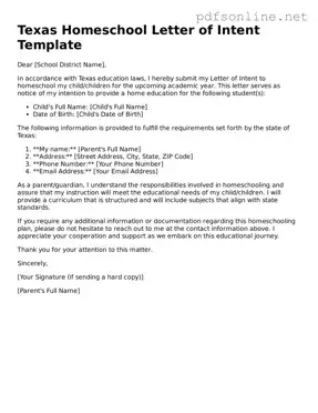 Legal Homeschool Letter of Intent Template for the State of Texas