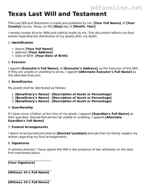 Legal Last Will and Testament Template for the State of Texas