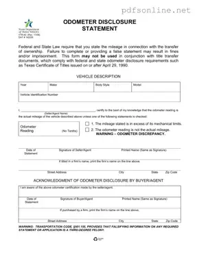 Free Texas Odometer Statement PDF Form