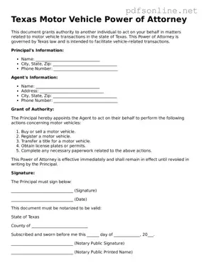 Legal Motor Vehicle Power of Attorney Template for the State of Texas
