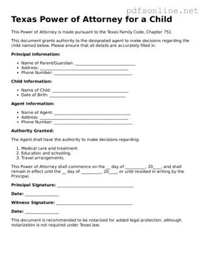 Legal Power of Attorney for a Child Template for the State of Texas