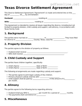 Legal Divorce Settlement Agreement Template for the State of Texas