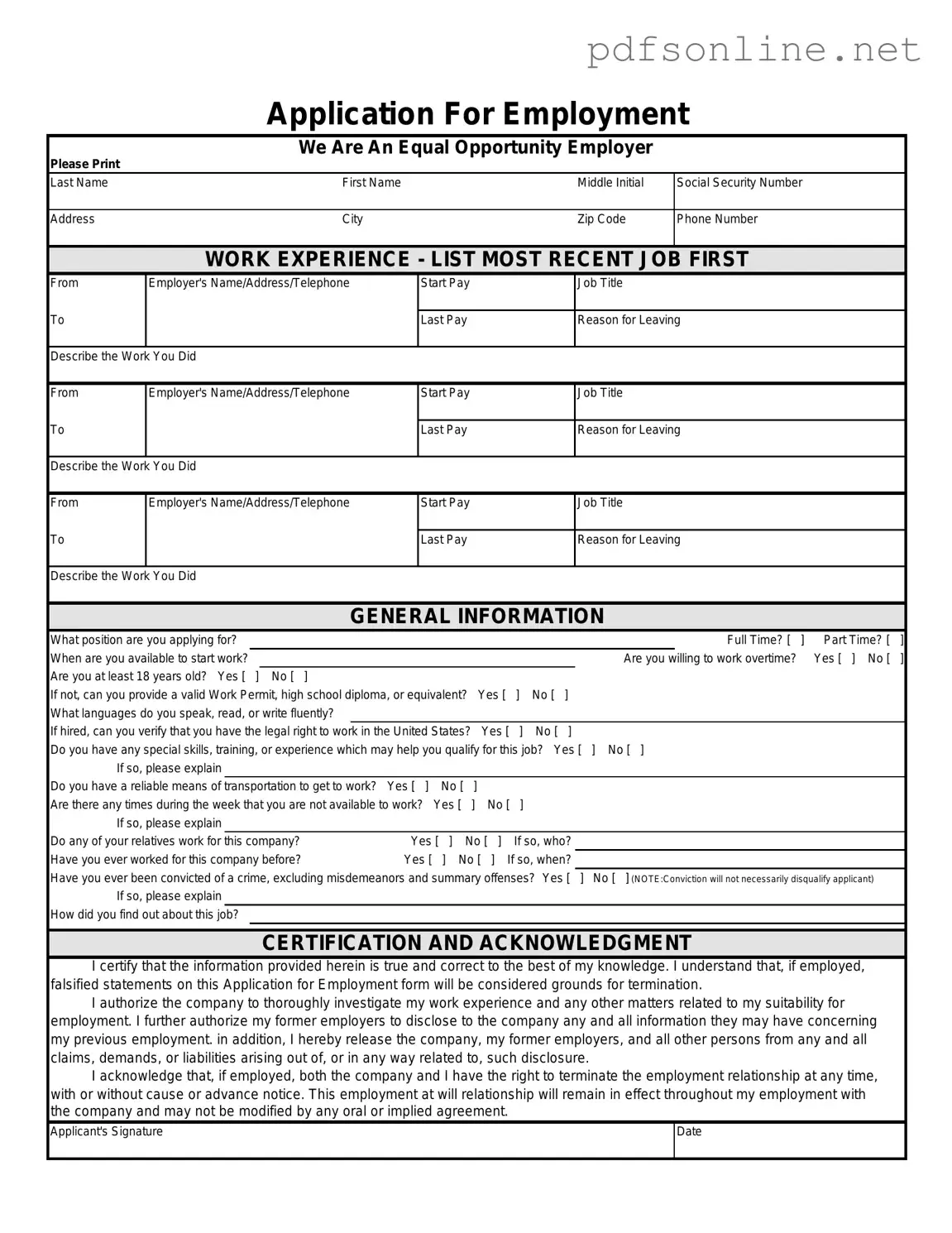 Free Spanish Application Employment PDF Form