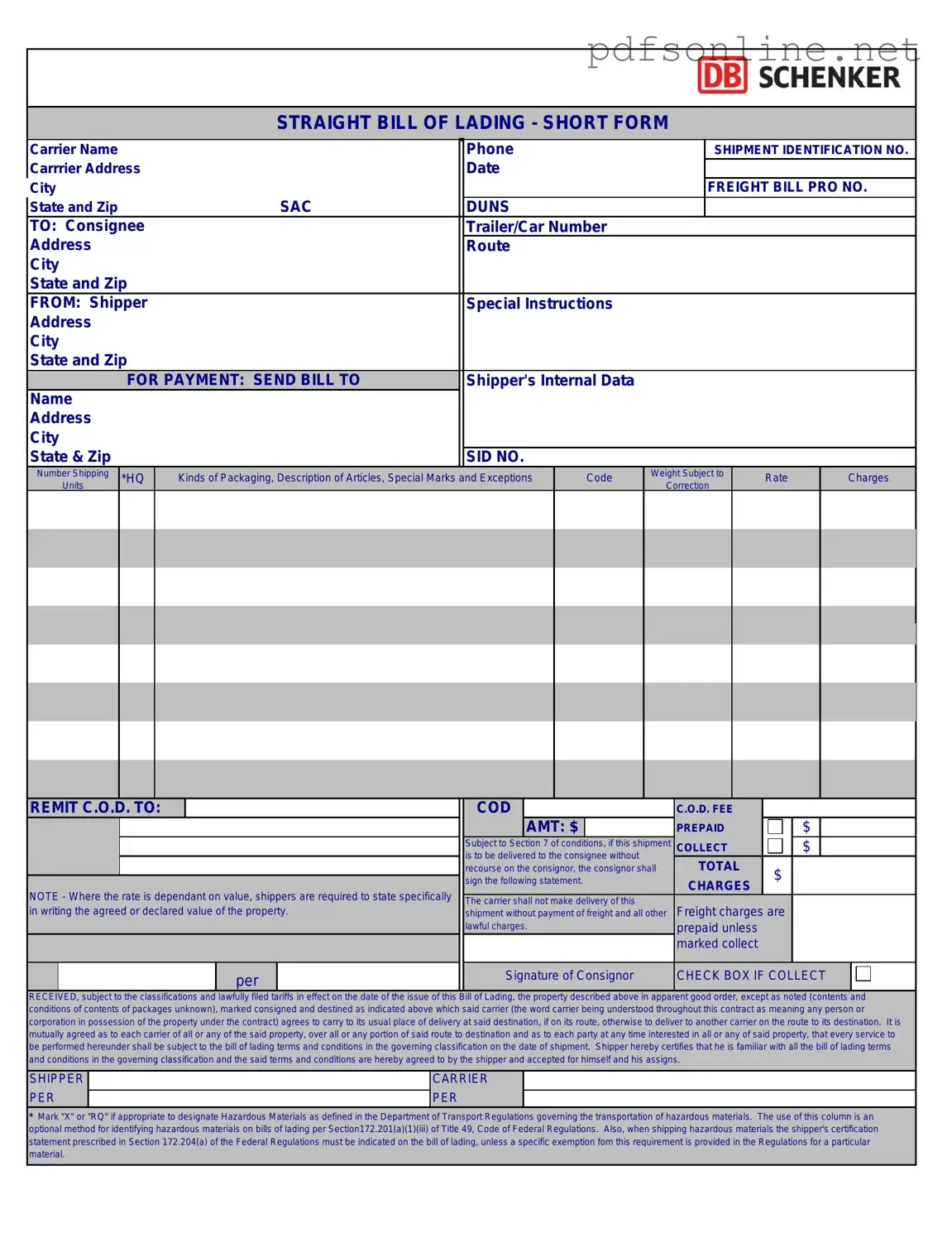 Free Straight Bill Of Lading PDF Form