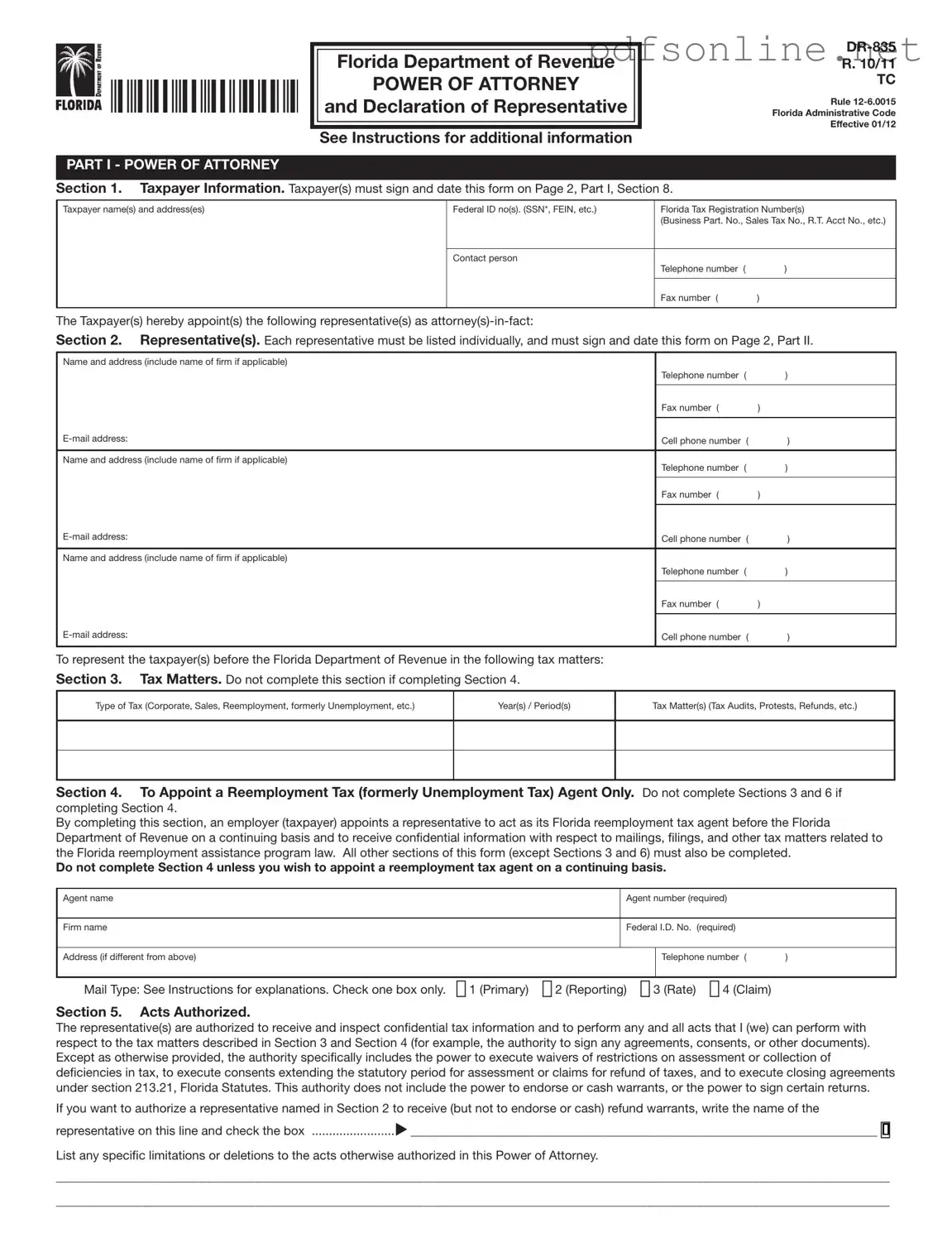 Free Tax POA dr 835 PDF Form