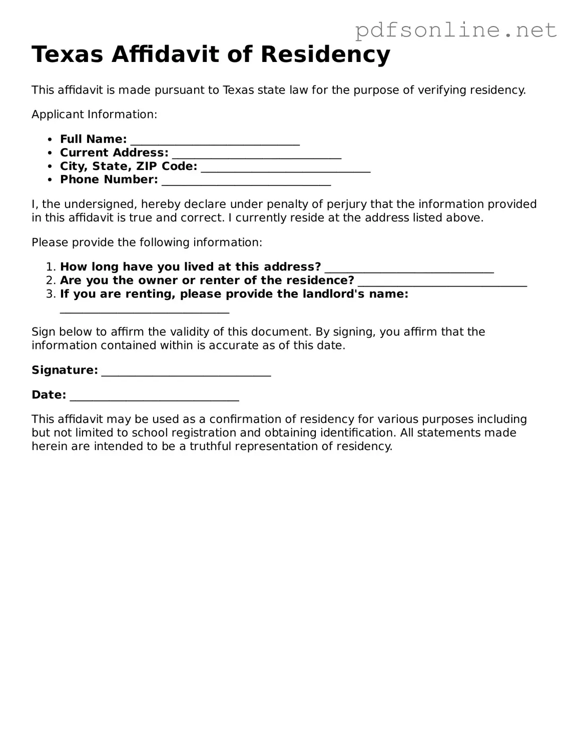 Legal Affidavit of Residency Template for the State of Texas