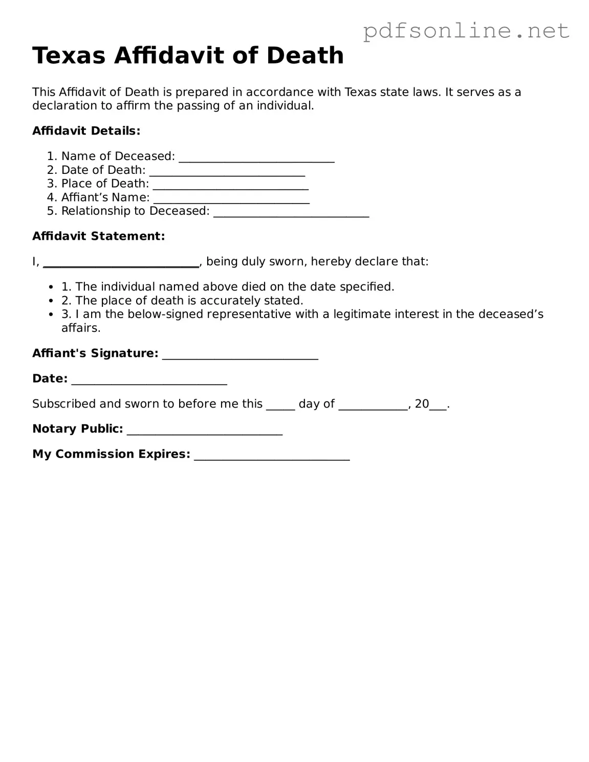 Legal Affidavit of Death Template for the State of Texas