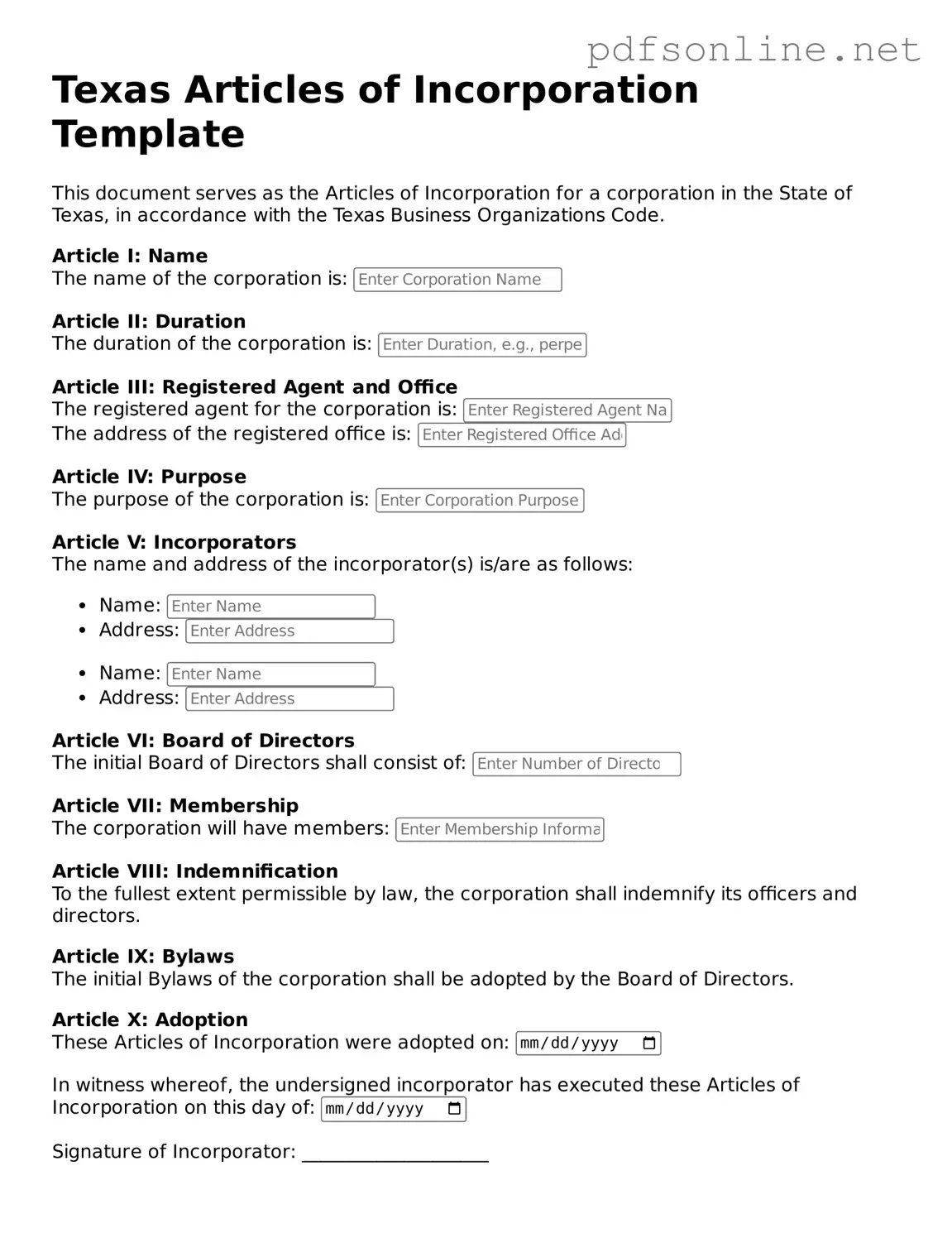 Legal Articles of Incorporation Template for the State of Texas