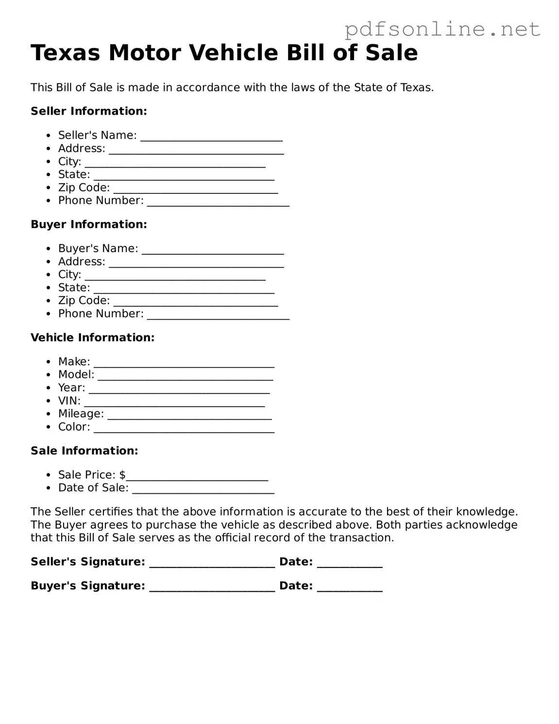Legal Motor Vehicle Bill of Sale Template for the State of Texas