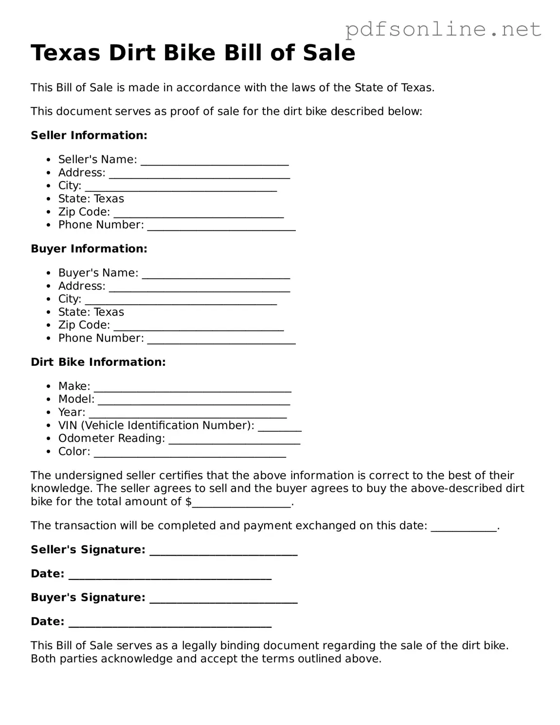 Legal Dirt Bike Bill of Sale Template for the State of Texas