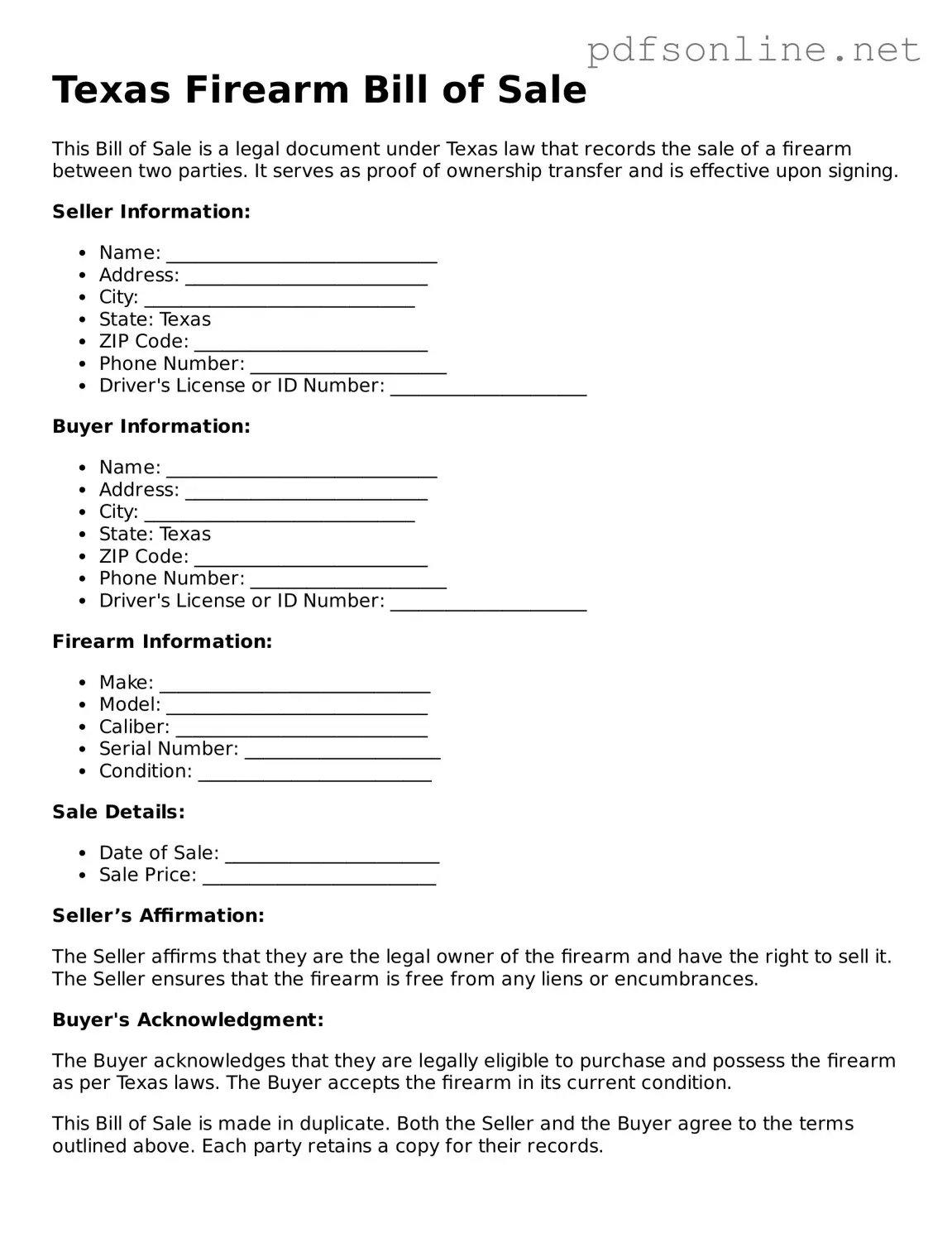 Legal Firearm Bill of Sale Template for the State of Texas