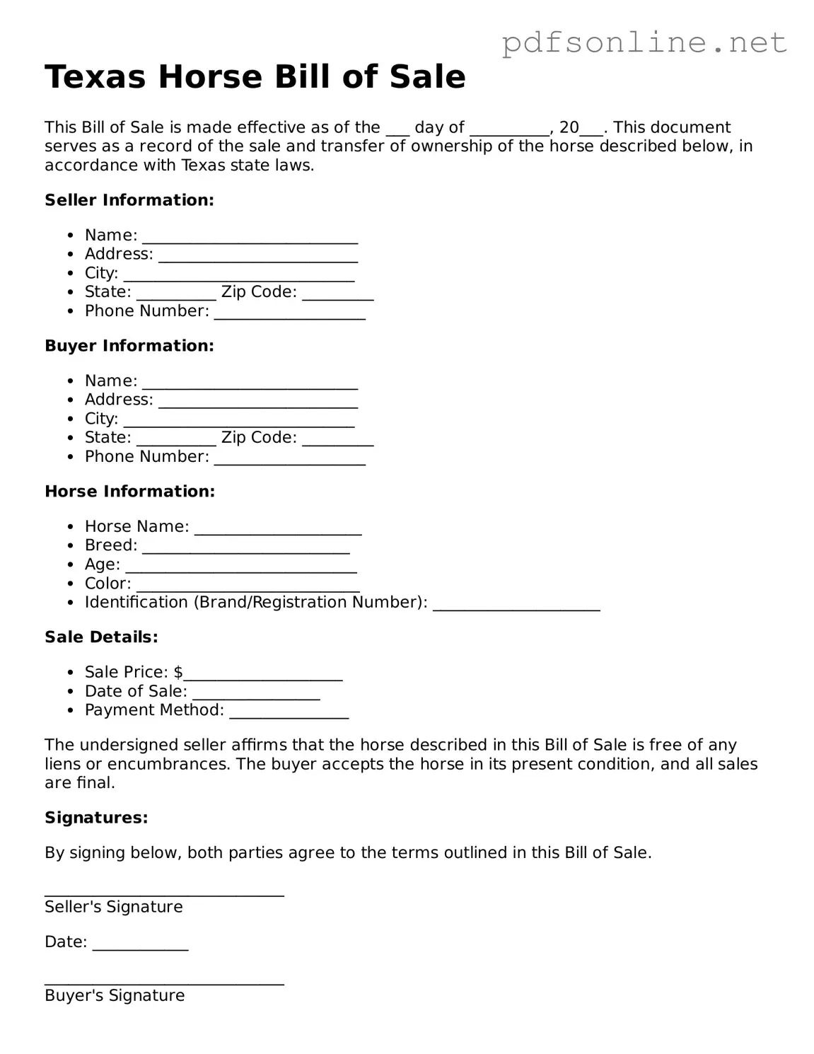 Legal Horse Bill of Sale Template for the State of Texas